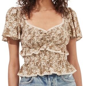 Smocked floral‎ print ruffle peplum short sleeve. S